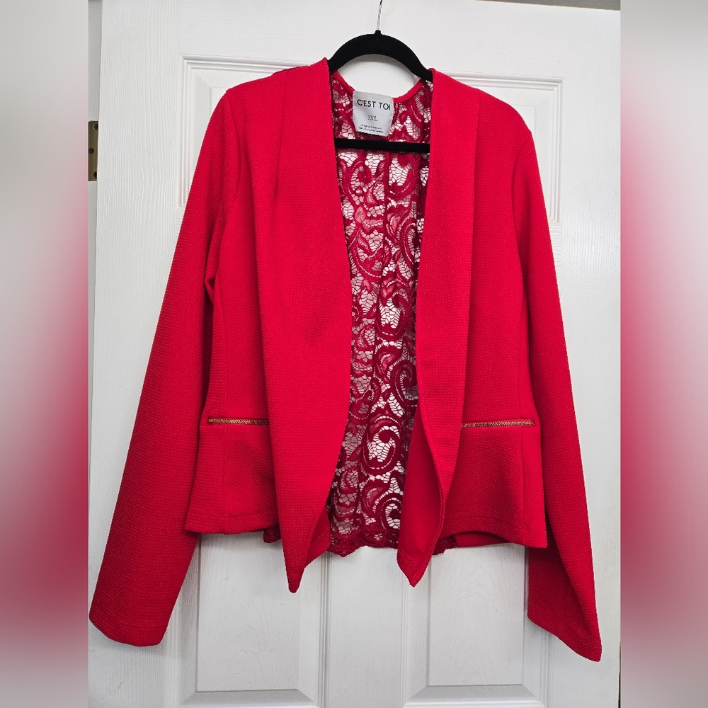 Elegant Red Blazer with Full Back Lace Accents